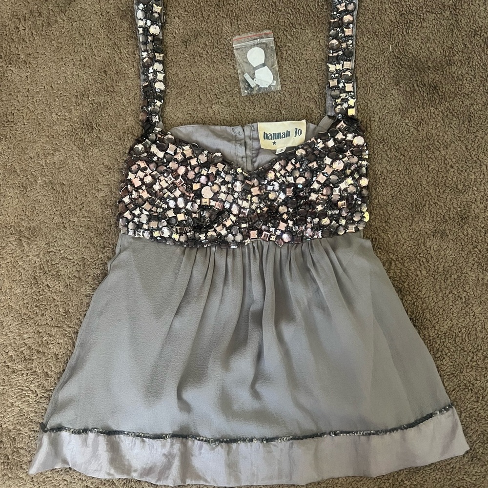 Hannah Jo Embellished beaded bust Gray silk chiffon & Satin Top